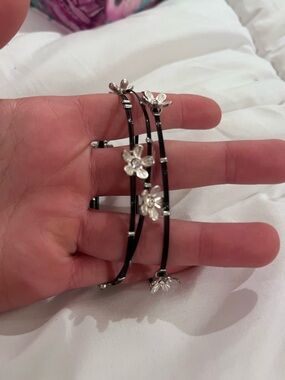 Floral Silver Accent Black Bangle Bracelet Set - Women Jewelry